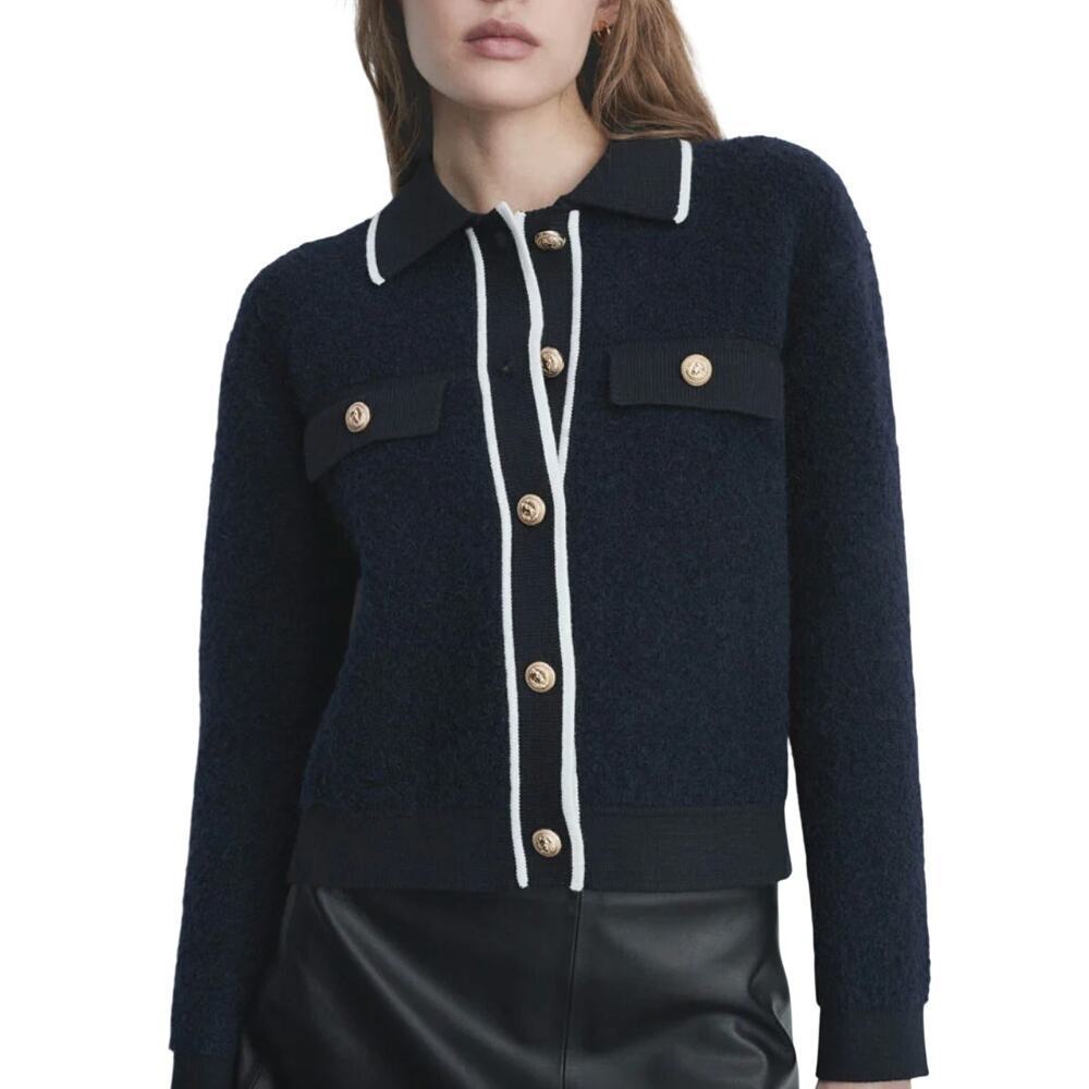 MNG Mango Wool Cropped Sweater Navy White Trim XS Prep
